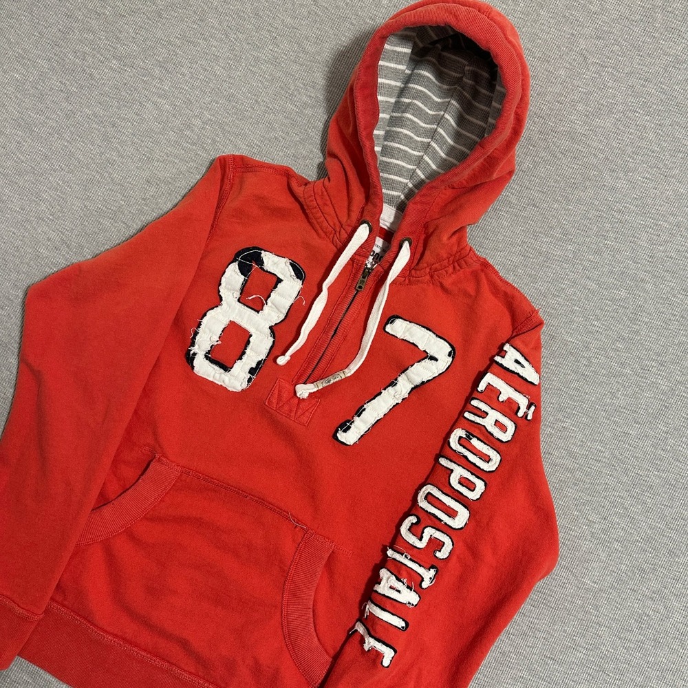 Aeropostale 1987 Y2K Number Patch Quarter‎ Zip Hoodie Red Striped Lining Men's L